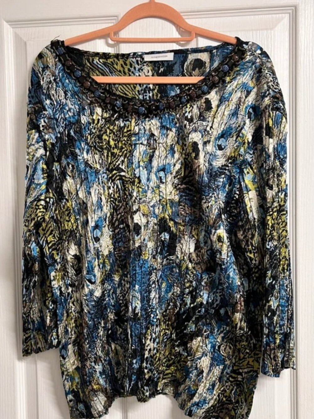 Windsmoor Blue Green Peacock Print Beaded Neck 3/4 Sleeve Crinkle Blouse